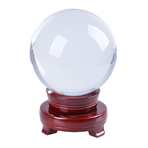 LONGWIN K9 Boule de cristal transparente avec support rotatif en bois Rouge 120 mm