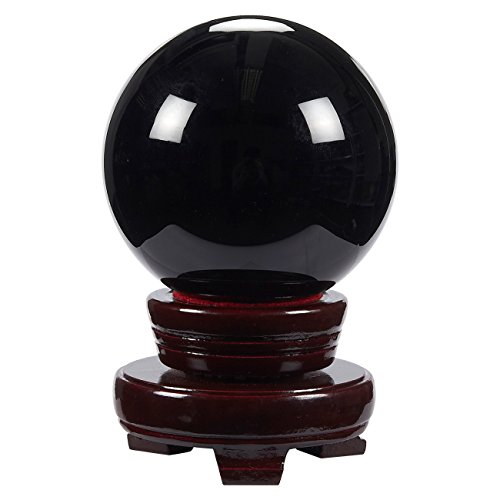 Boule de Cristal Noir en Obsidienne avec Support en Bois (7,9 x 7,9 x 11,3 cm)