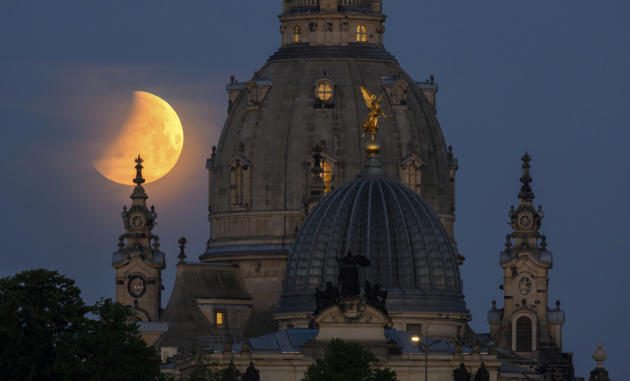 The Moon in the early morning seen from Dresden in Germany, May 16, 2022.