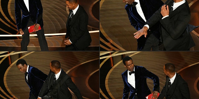This combination of images created on March 28, 2022 shows Will Smith approaching and punching Chris Rock during the 94th Academy Awards at the Dolby Theater in Hollywood, California on March 27, 2022.