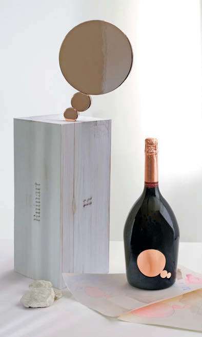 Jeroboam of rosé champagne. Jeppe Hein sanded the box with chalk from the Ruinart cellars and transformed the label into a mirror.