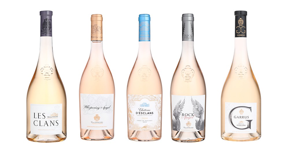 From left to right, Les Clans, a gourmet rosé, Whispering Angel, the origin of success, Château d'Esclans, a stylish rosé, Rock Angel, a glamorous rosé and Garrus, a luxury rosé for laying down .