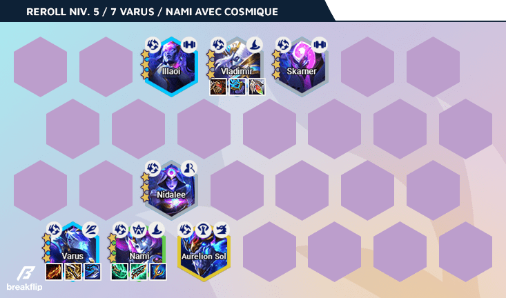 Compo TFT Varus and Nami Reroll with Cosmique (Astral) in Set 7