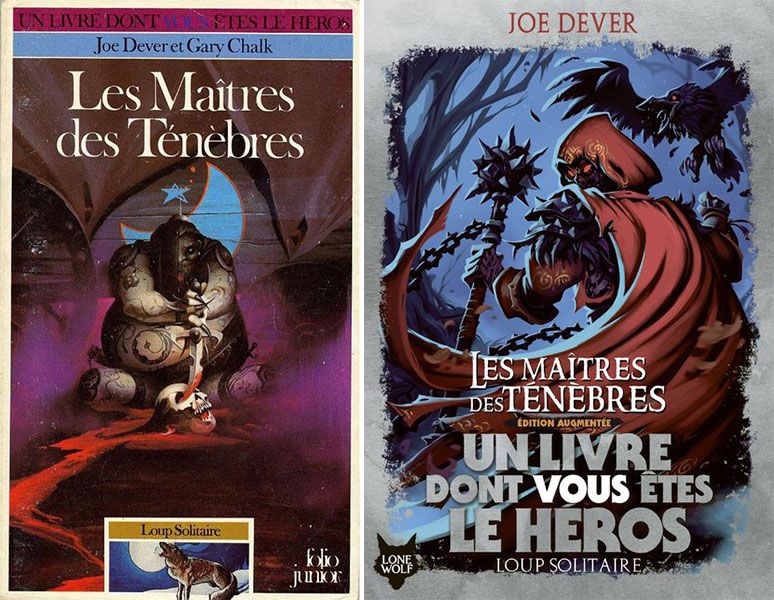 The old cover of "The Masters of Darkness"the first volume of the Lone Wolf series, and its new version.