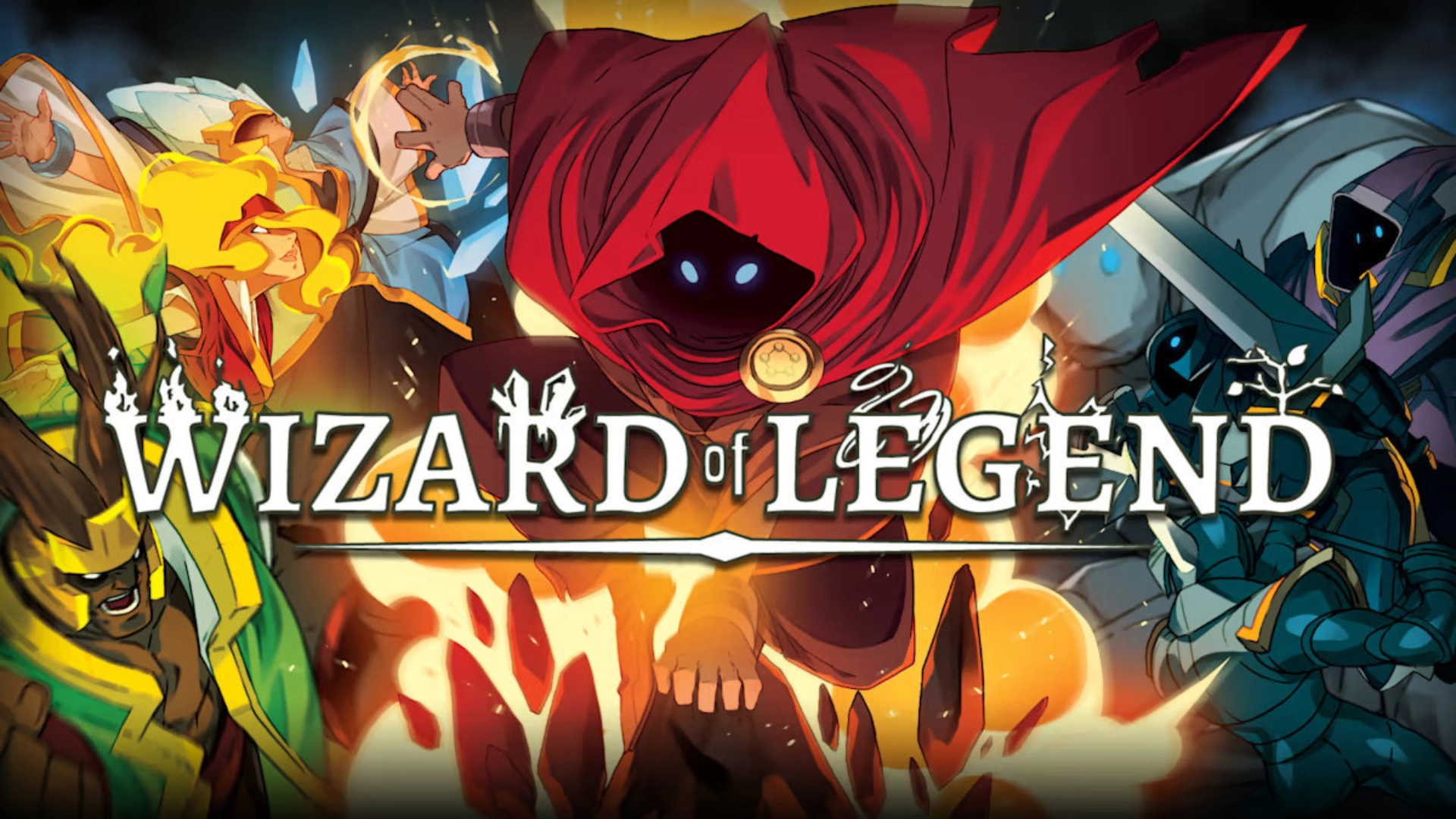 Best Wizard Games: Wizard of Legend.  The image shows the game's logo in front of flames and a strange hooded figure.