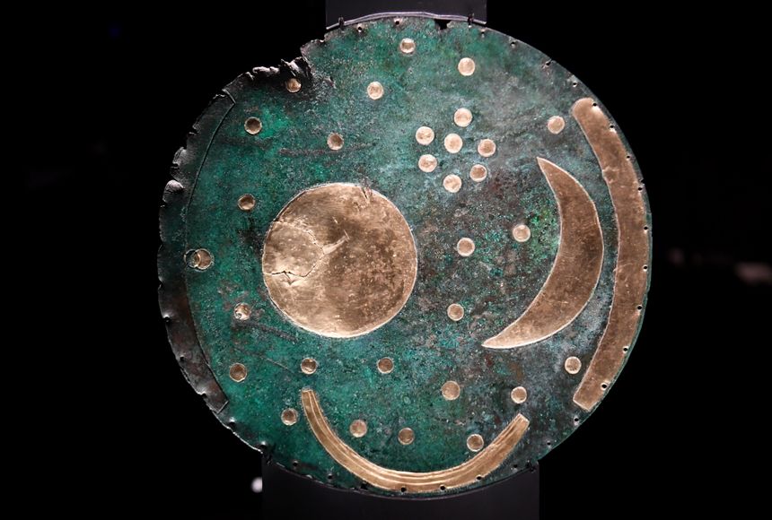 The Nebra Disc (on display at the State Museum of Prehistory in Halle, Saxony-Anhalt, Germany)