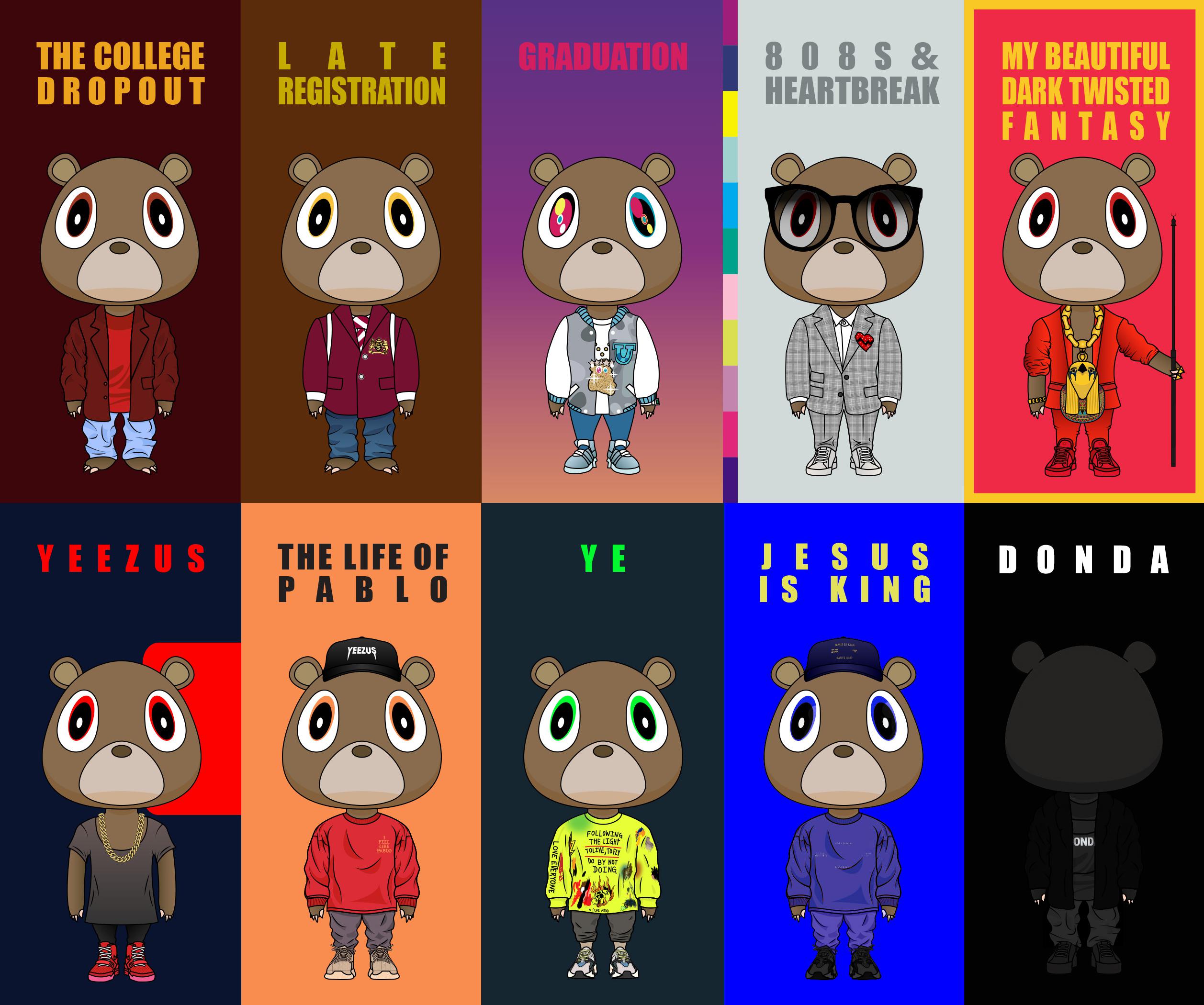 The different styles of Kanye West's Dropout Bear