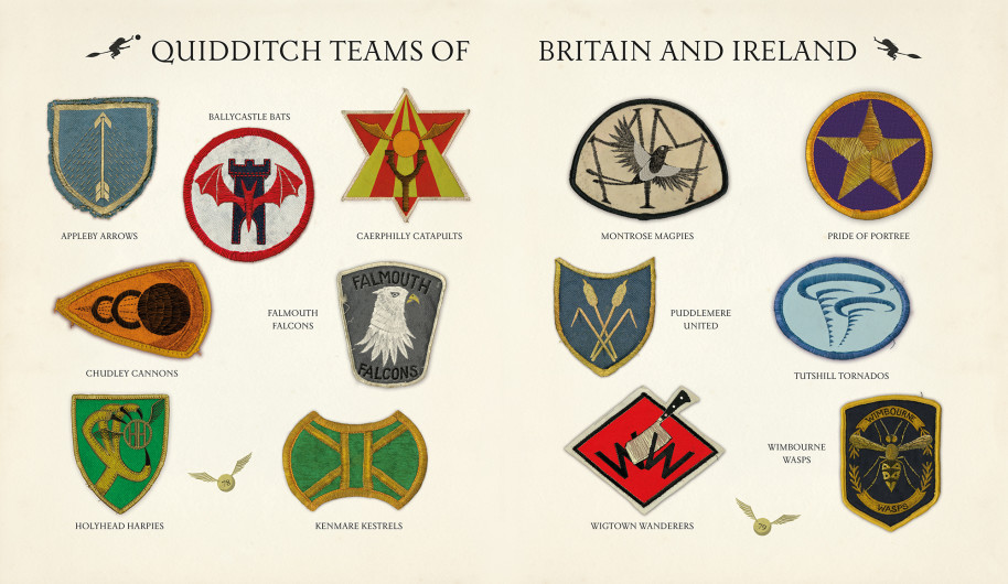 Crests of the quidditch teams in Le Quidditch à Travers les ages illustrated by Emily Gravett, at Bloomsbury and Gallimard Jeunesse