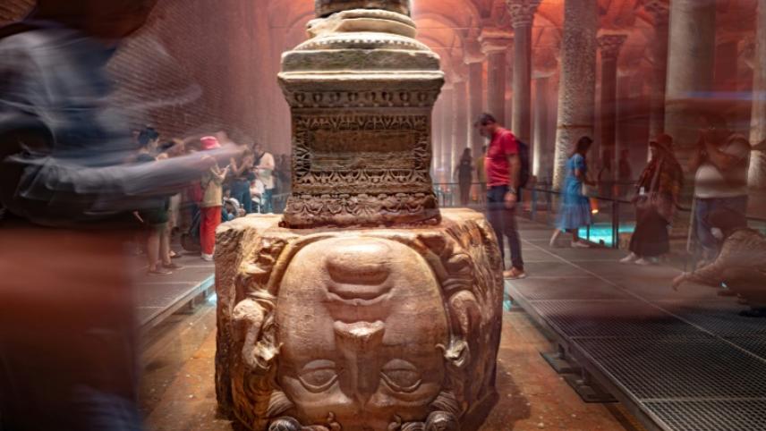 A jellyfish head in the basilica cistern of Emperor Justinian reopened to the public, on July 26, 2022 in Istanbul, Turkey