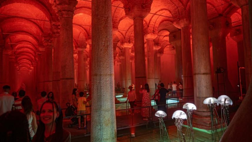 Translucent glass jellyfish in the Basilica Cistern of Emperor Justinian reopened to the public on July 26, 2022 in Istanbul, Turkey