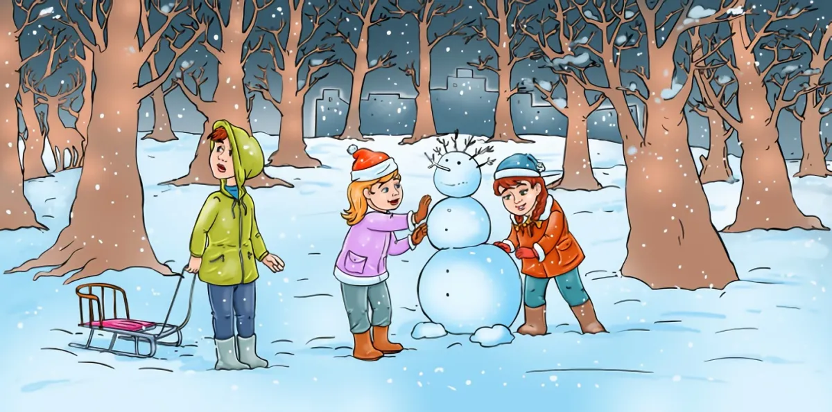 why the little boy is surprised next to two other children who are building a snowman