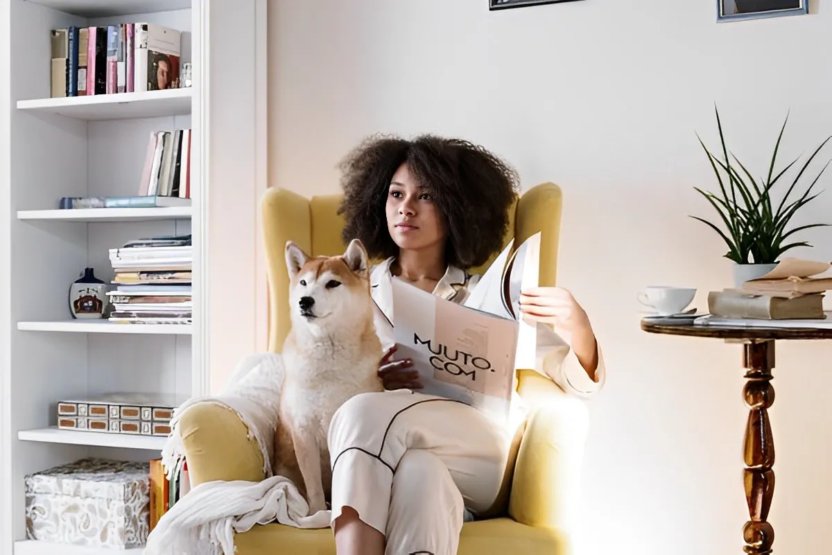 mustard yellow fabric armchair breed dog woman