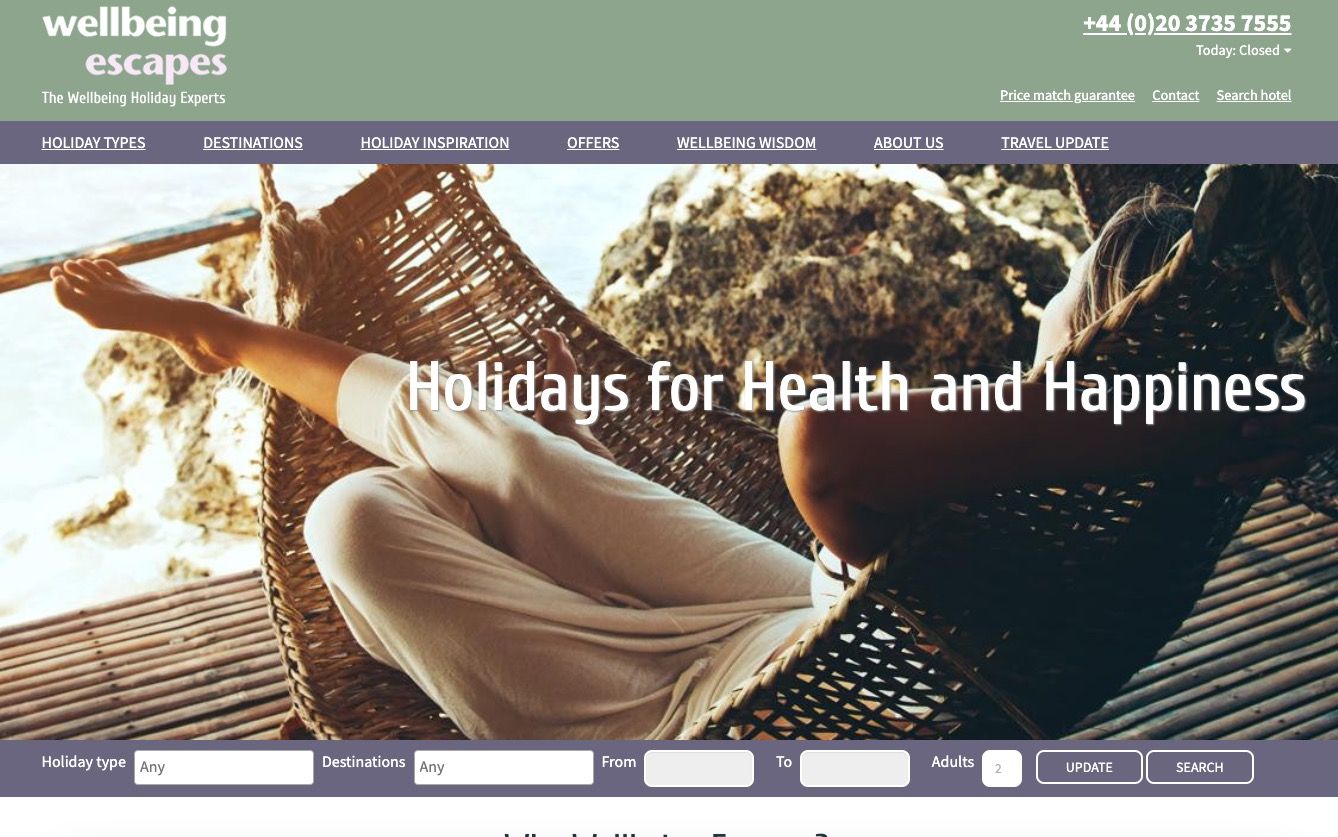 Screenshot of the Wellbeing Escapes website