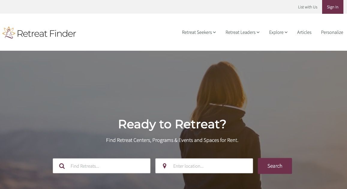 Screenshot of the Retreat Finder homepage